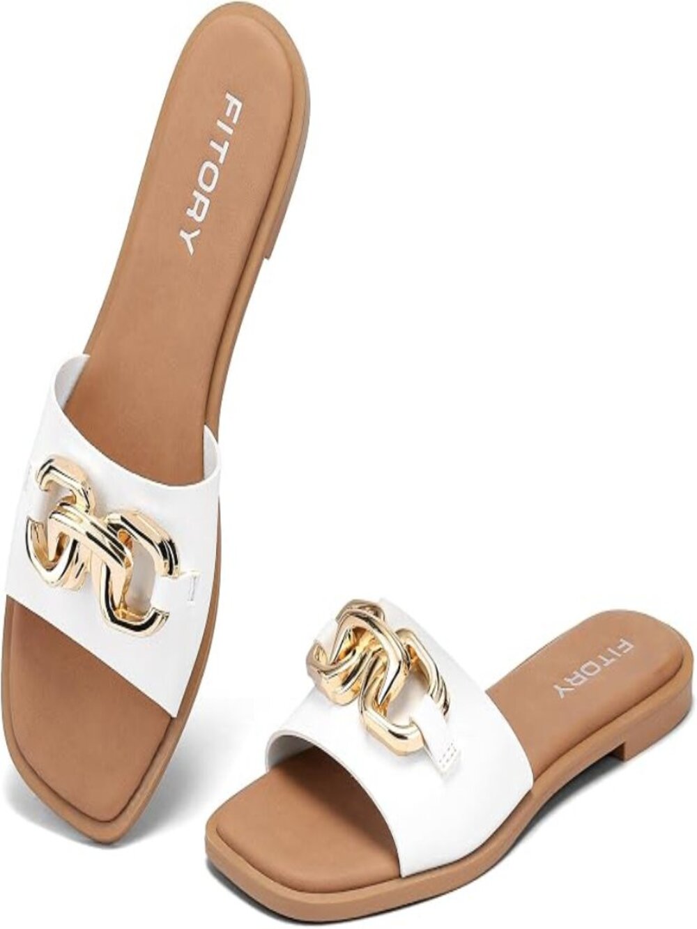 Women’s White Comfortable Fashion Soft Slides Gold Buckle For Summer Sandals